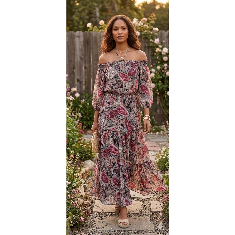 New WT I.N.C. Paisley Cold-Shoulder Maxi Dress Boho Tiered Skirt Gown Sz M
